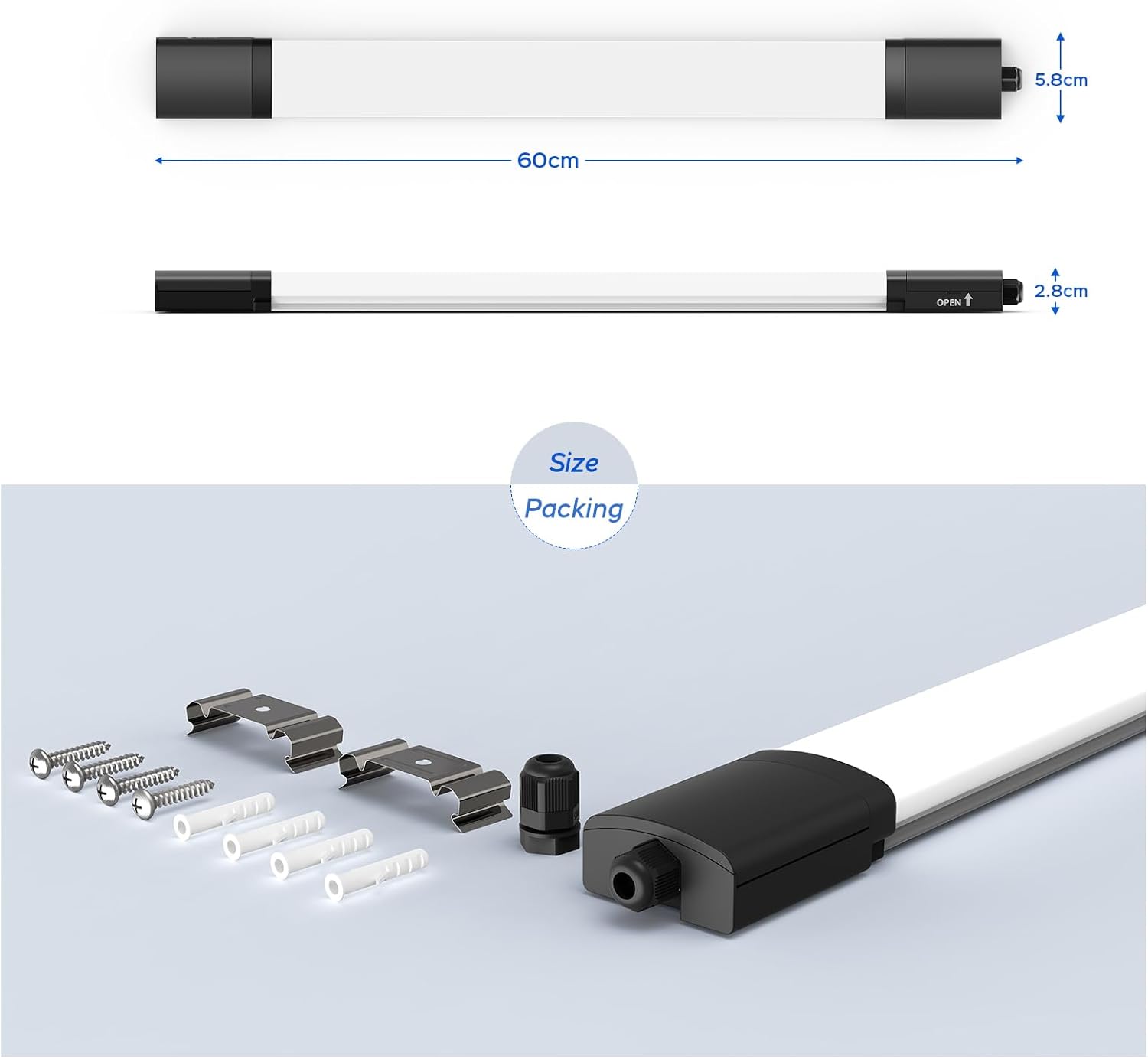 Light fixture with dimensions and packaging components on a light gray background