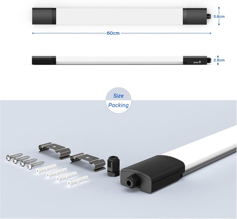 Light fixture with dimensions and packaging components on a light gray background