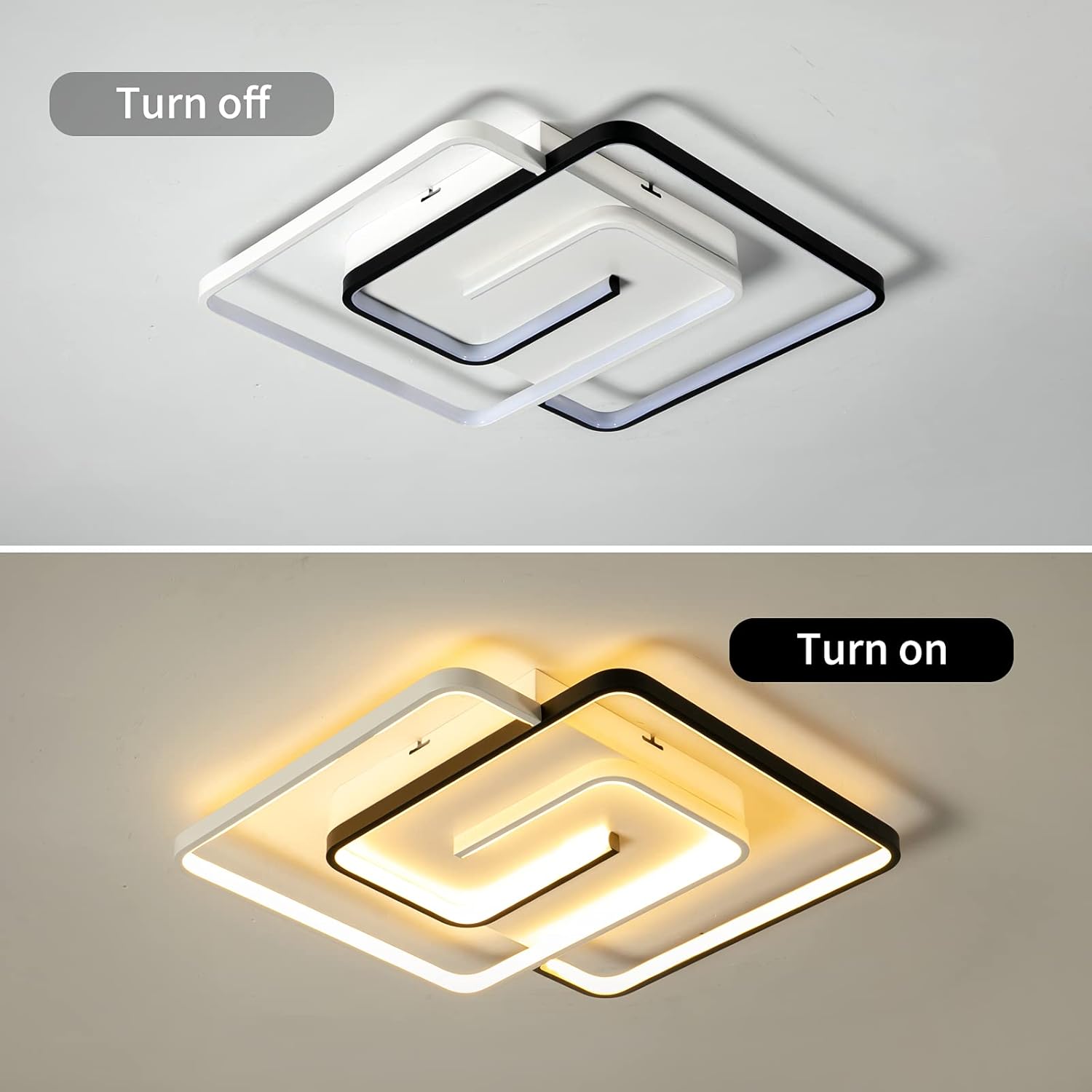 Ceiling light fixture showing 'Turn off' and 'Turn on' states against a gray background.