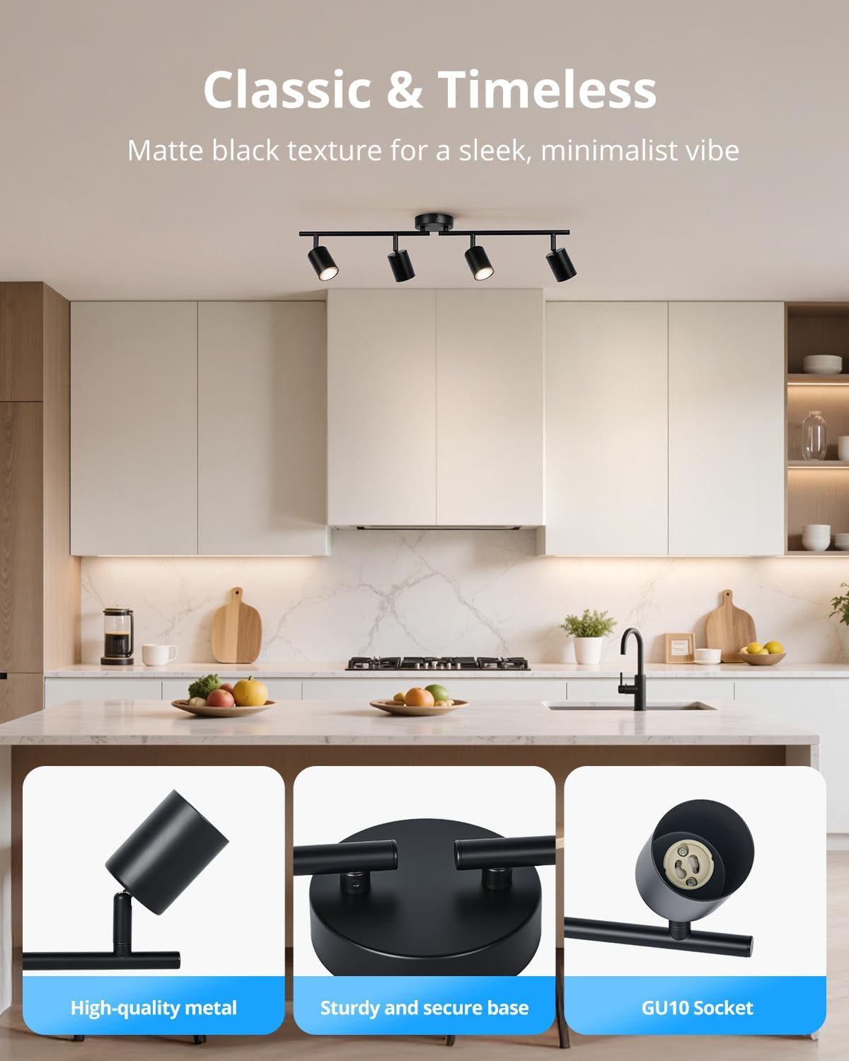 Modern kitchen with black track lights and text highlighting design features.