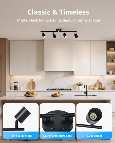 Modern kitchen with black track lights and text highlighting design features.