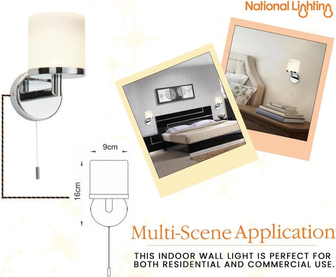 Chrome Bathroom Wall Light with Pull Cord IP44