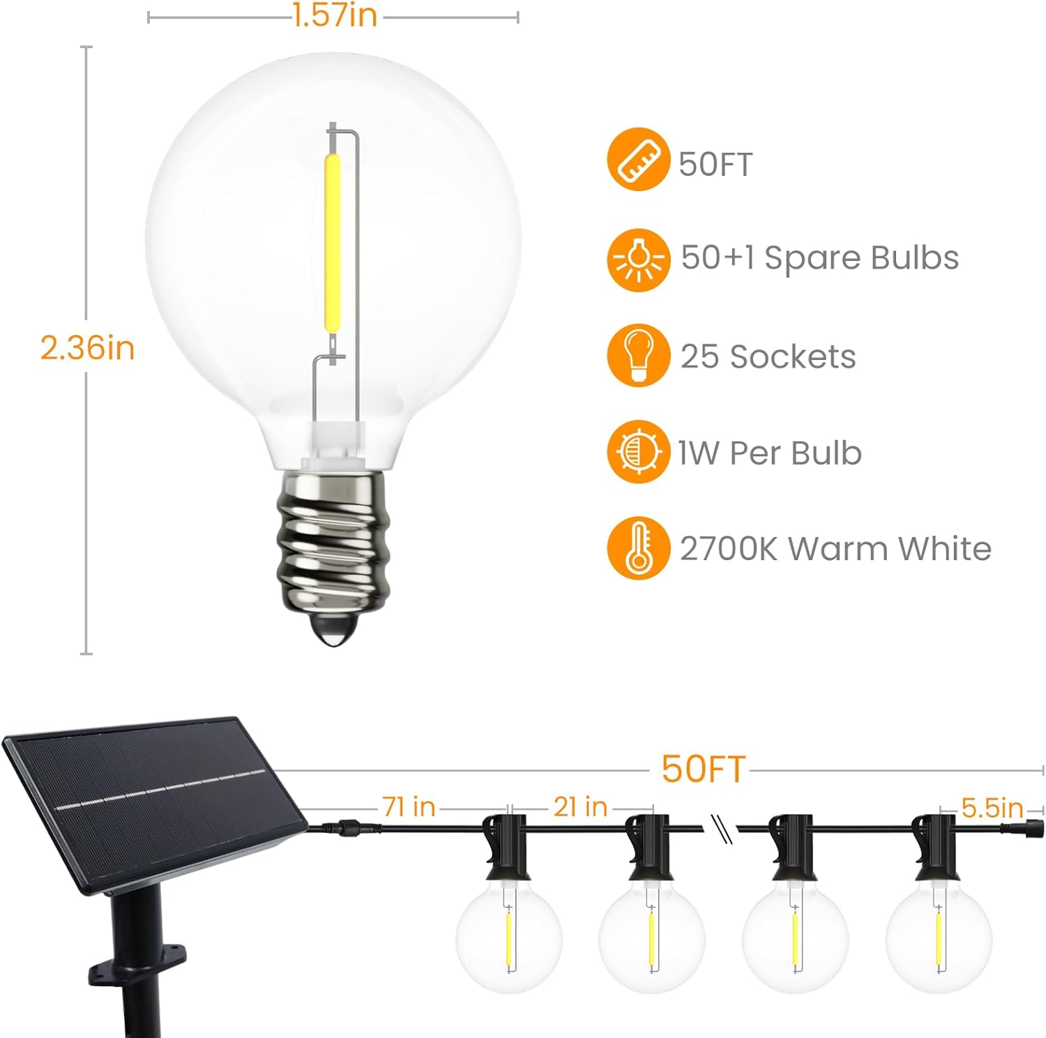 Solar String Lights Outdoor, 50FT G40 Solar Festoon Lights Outdoor, Globe Bulb String Lights with 25+1Shatterproof Bulbs, Waterproof Patio String Lights for Garden, Terrace, Party
