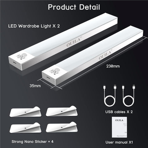 2 pack LED Under Cabinet Lights - 36 LED Motion Sensor Wireless USB Rechargeable 1000mAh Night Light