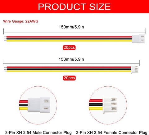 Lyeteung 20 Pairs Mini Micro JST-XH 2.54 Plug Connector, JST 3 Pin Micro Electrical Male and Female Connector Plug Wire Cable, with 150mm 22AWG Wire
