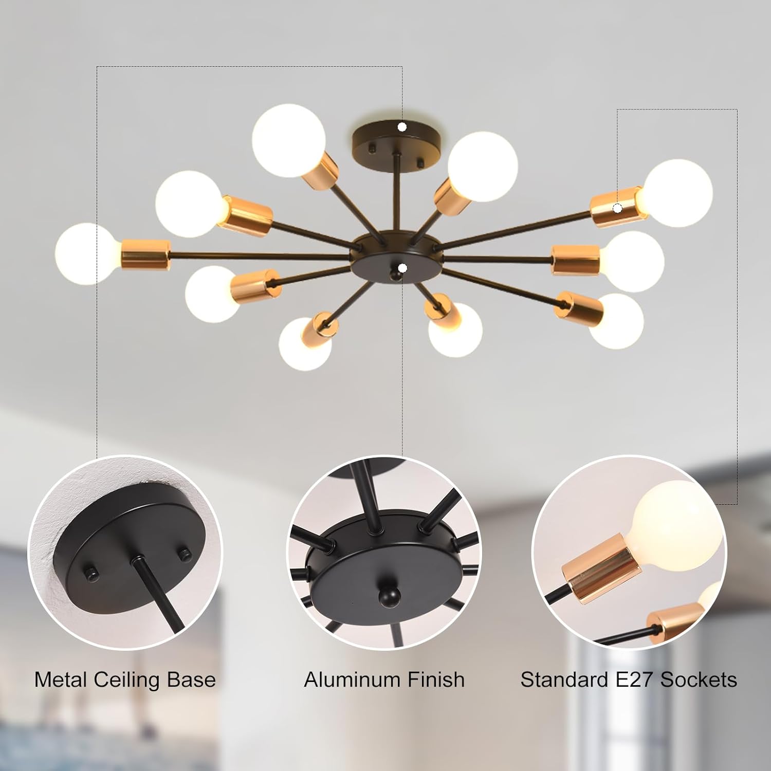Modern chandelier with gold and black design on a gray background