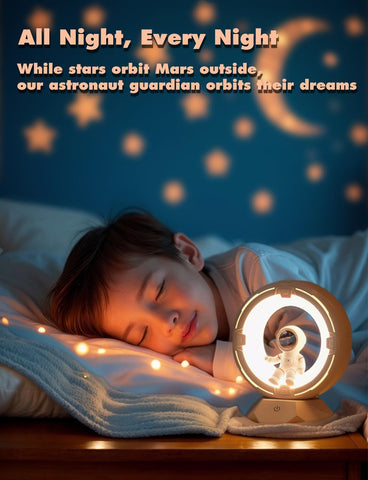 Child sleeping with a moon-shaped night light featuring an astronaut, surrounded by starry lights.