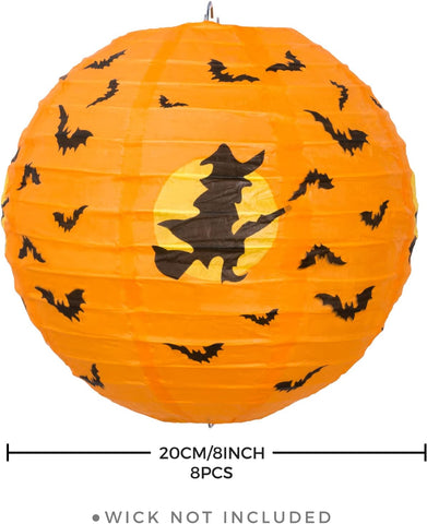 8-Piece Halloween Paper Lanterns with Pumpkin, Bat, Spider, Skeleton & Witch Designs – Foldable Hanging Halloween Decorations for Home, Garden, Parties & Trick-or-Treat Events