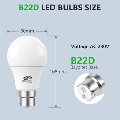 B22 LED Bulbs 60W Equivalent, 9W Cool White 6000K, Pack of 6