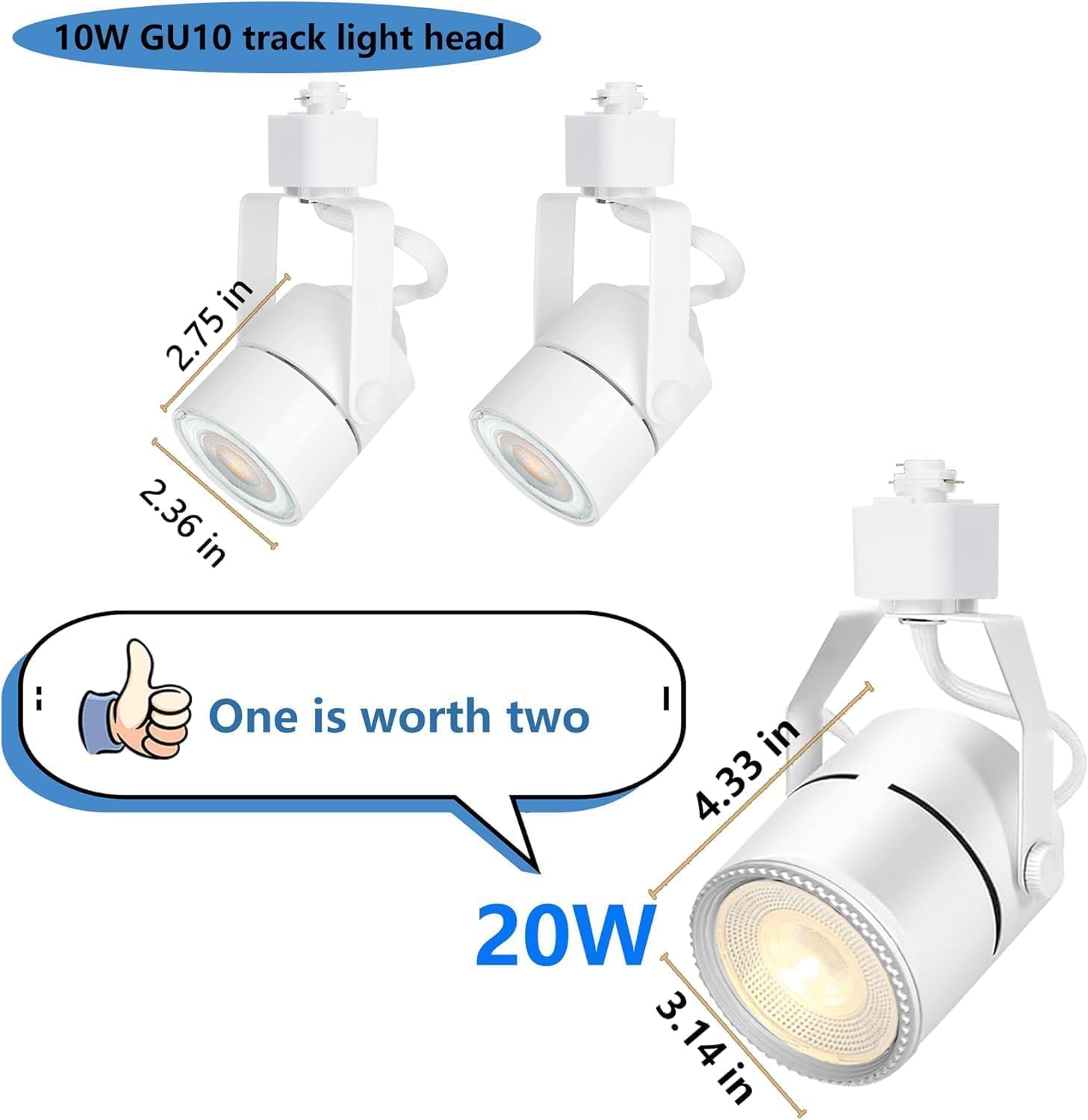 Two white track light heads with measurements and text on a white background