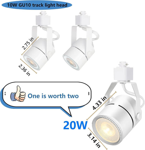 Two white track light heads with measurements and text on a white background
