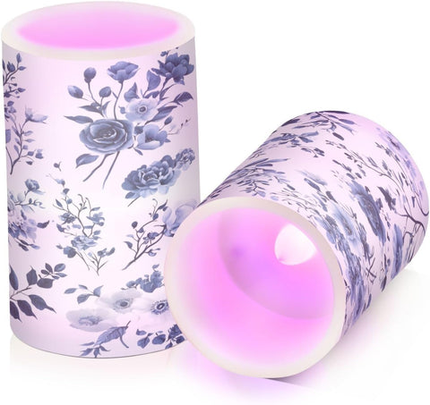 Flickering Flameless LED Candles with Blue & White Porcelain Flower Design, Remote Control & Timer, Set of 2 Battery Operated Candles