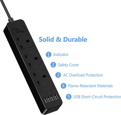 JSVER Extension Lead with 3 UK Socket Outlets, 4 USB Ports & 2m Cable – Black Desktop Power Strip for Home and Office, Keep Your Everyday Devices Charged Without the Cable Chaos