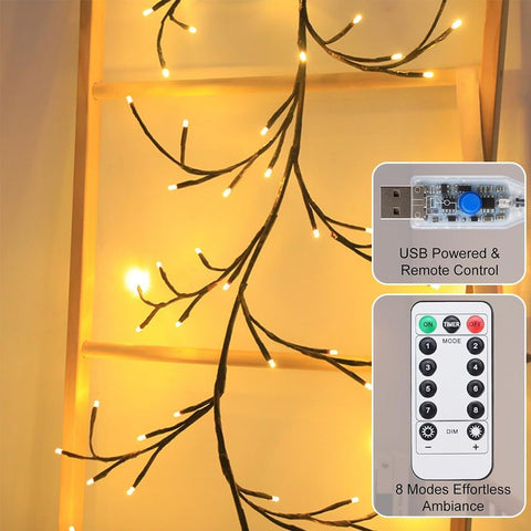 ENEN Twig String Fairy Lights 2.3m 144 LED Warm White Willow Vine Lights with Remote & 8 Modes – Bendable Indoor Wall, Bedroom & Home Décor