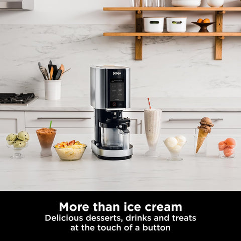 CREAMi Ice Cream & Frozen Dessert Maker with 7 Pre-Set Programmes – Includes 5 Extra Tubs with Lids & Scoop – Black & Silver