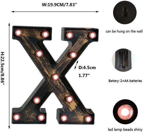 Golden Black LED Marquee Letter – Industrial Vintage Style Light Up Letter – X