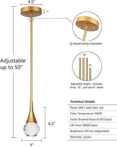 Vintage Raindrop Glass Chandelier - Adjustable Bronze Pendant Light