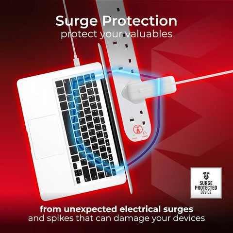 Masterplug Six Socket Extension Lead, 2 Metre Cable, Surge Protection, Power and Surge LED Indicators, Unswitched, 6 Way Plug Extension Cable, Power Strip, White, 13A, 6G, 2m, SRG62N