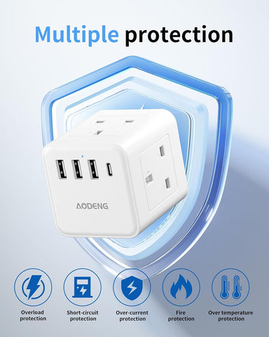 White 4-Way Extension Lead with 4 USB Ports, USB-C, Shaver Socket & 1.5m Cable – Keep Your Everyday Essentials Connected Without the Desk Clutter