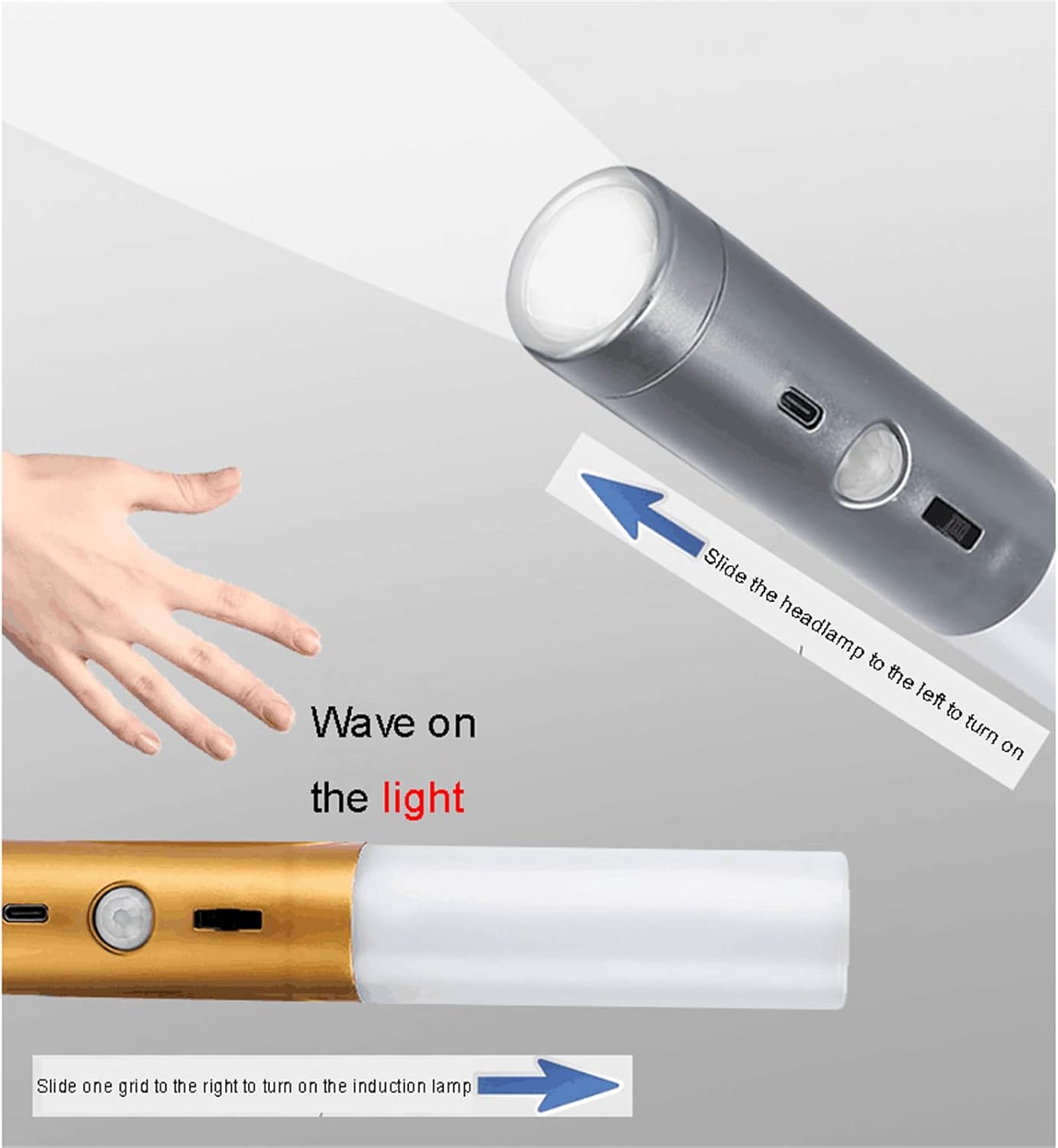 Handheld light with induction feature on a gray background