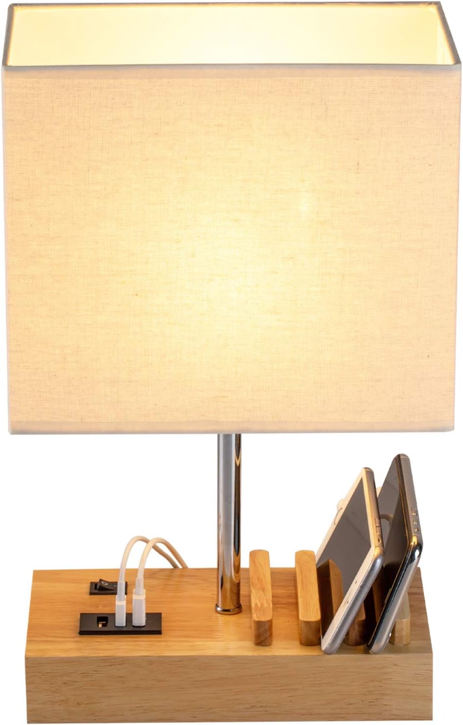 USB Bedside Table Lamp with 3 USB Charging Ports & Phone Charge Dock – Wooden Charging Station Desk Lamp with Device Organiser for Bedroom, Guest Room, Living Room & Office
