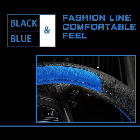 Leather Car Steering Wheel Cover 15 Inch – Black Blue