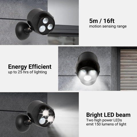 Bright LED PIR motion sensor light illuminating a patio at dusk

