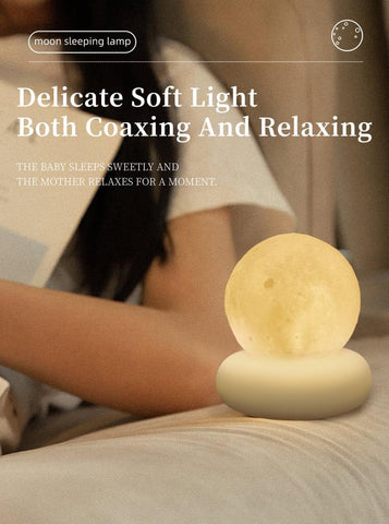 Moon sleeping lamp on a surface with text describing its benefits