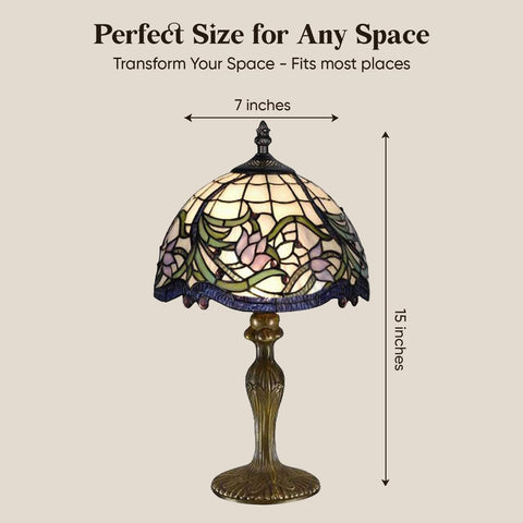 Elegant Floral Tiffany Table Lamp – Handmade Stained Glass Vintage Bedside Lamp with Touch Switch, 8-Inch Shade & 13-Inch Stand for Bedroom, Living Room & Lounge