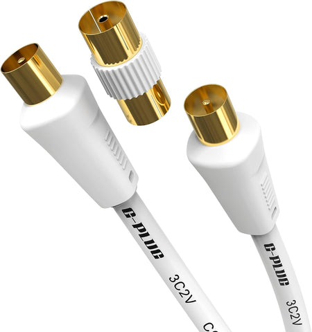 5m TV Aerial Cable with Coaxial Adapter – Male to Male RF Lead – Gold-Plated – For Freeview, Freesat, Sky Box, BT, TV Aerial Extension