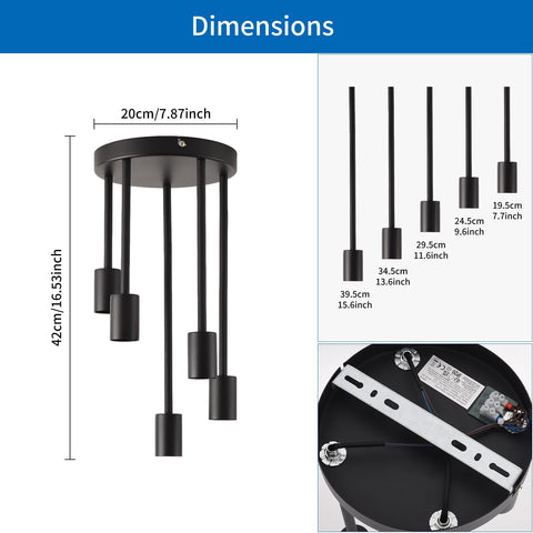 Black chandelier with dimensions labeled on a white background
