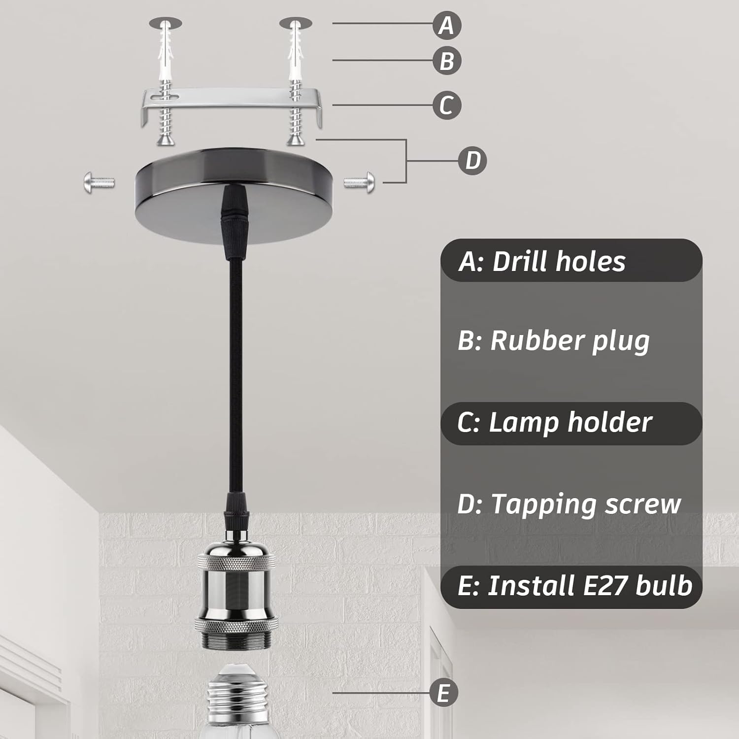 Ceiling light fixture with labeled parts on a gray background