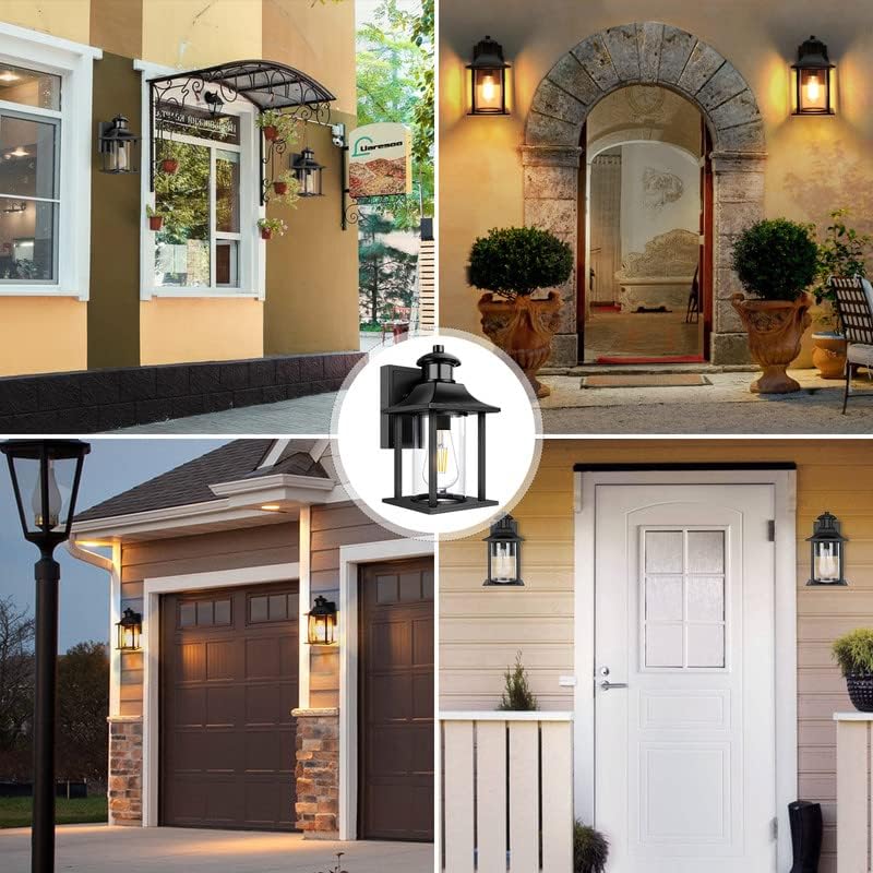 Collage of outdoor lighting fixtures on various home exteriors.