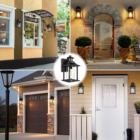 Collage of outdoor lighting fixtures on various home exteriors.