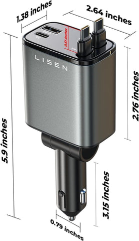 LISEN 69W Retractable Car Charger USB-C Fast Charging Adapter – Black