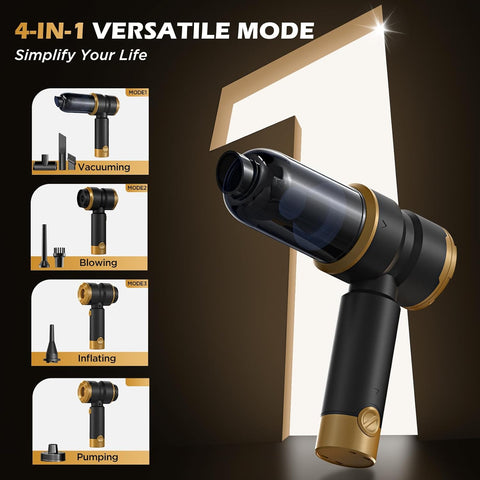 4-in-1 Handheld Car Vacuum Cleaner | 15000Pa Strong Suction Cordless Mini Hoover with 2000mAh Rechargeable Battery | Portable Powerful Cleaner for Car, Home & Office (Gold)