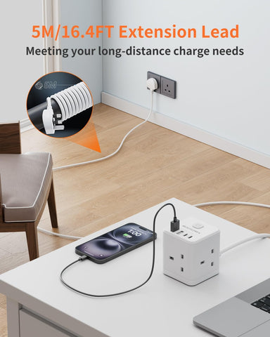 5M Extension Lead Cube with USB C & A, 3 Way Power Strip 3250W