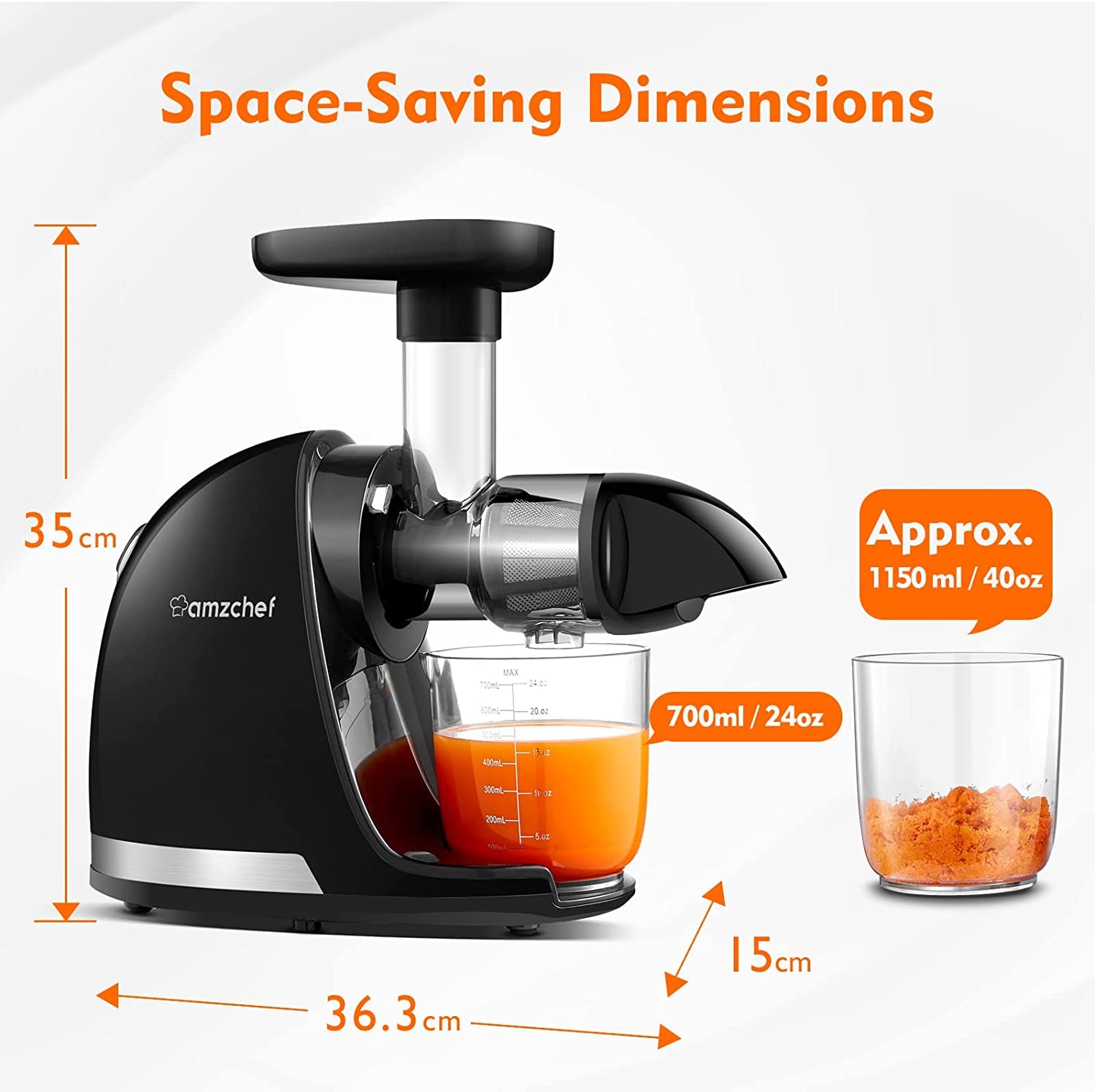 AMZCHEF Juicer Machines - Cold Press Slow Juicer - Masticating Juicer for Whole Fruits and Vegetables - Delicate Chew No Need to Filter - BPA Free Juice Extractor with 2 Cups and Brush - Black