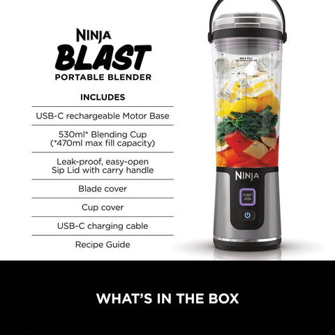 Blast Portable Blender 530ml – Leakproof Lid & Sip Spout – Powerful Cordless Mini Blender – Rechargeable – Black