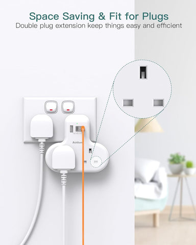 Addtam Double Plug Adaptor with 3 USB Ports (2 USB-C), 2-Way Multi Plug Extension Socket – Keep Your Everyday Charging Neat, Simple and Within Reach