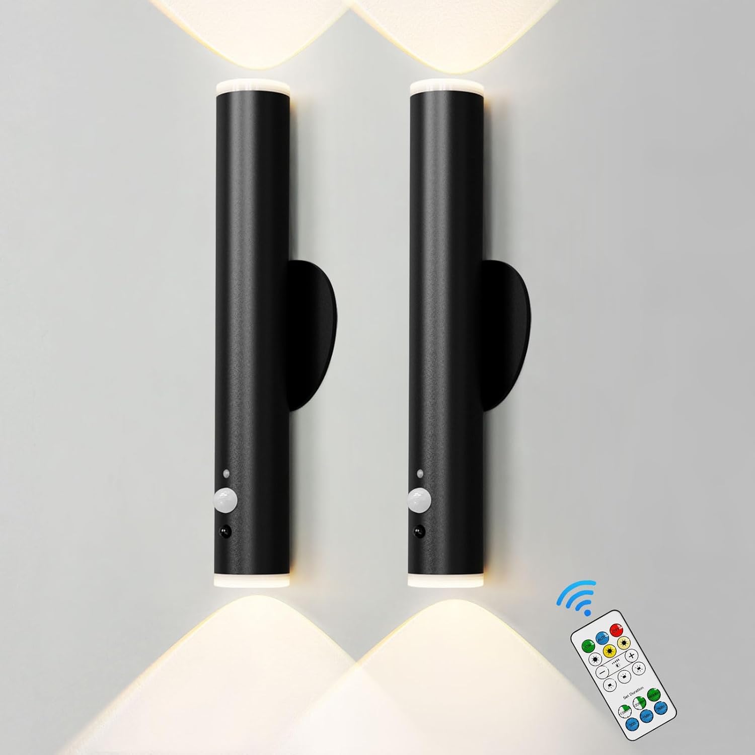 Two black wall lights with remote control on a gray background