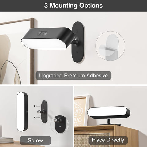 Black Wall Lights, Rechargeable Battery Operated Wall Sconces for Bedroom, LED Wireless USB Wall Lamps Indoor for Bedside, 5 Modes Stick on Magnetic Wall Light for Picture, 2 Pack