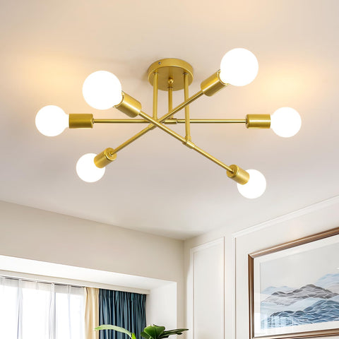 Gold ceiling light fixture with multiple bulbs in a room setting.