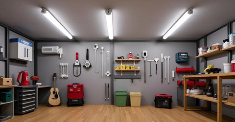 Organized garage with tools and equipment on shelves and walls.