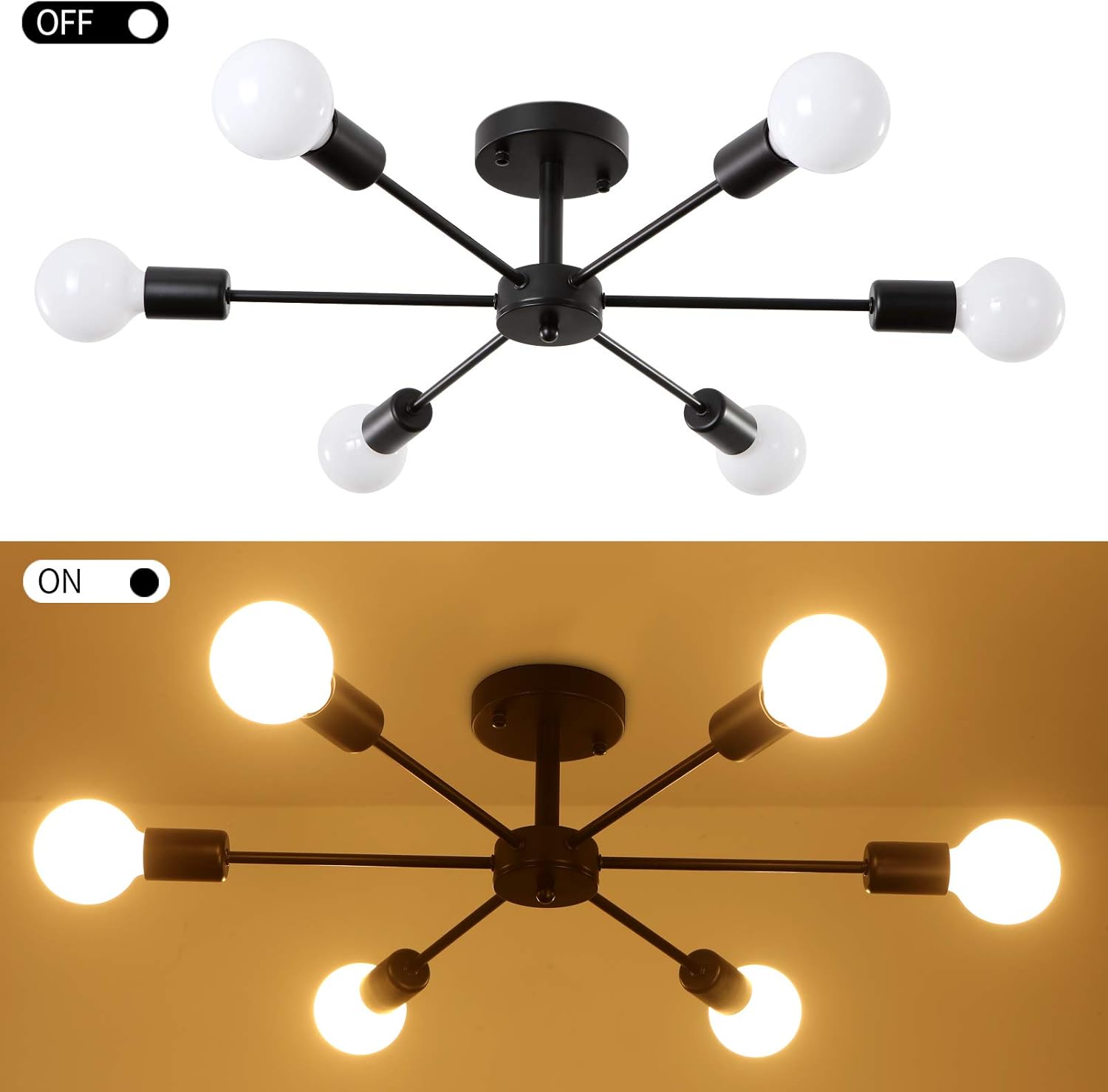 Chandelier with six white bulbs, one on/off switch labeled 'OFF' and another showing 'ON' with a yellow background.