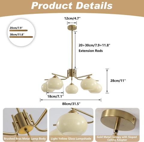 Lighting Modern Brushed Gold 5-Light Glass Globe Chandelier - Mid Century Brass Sputnik Dining Room Light Fixture