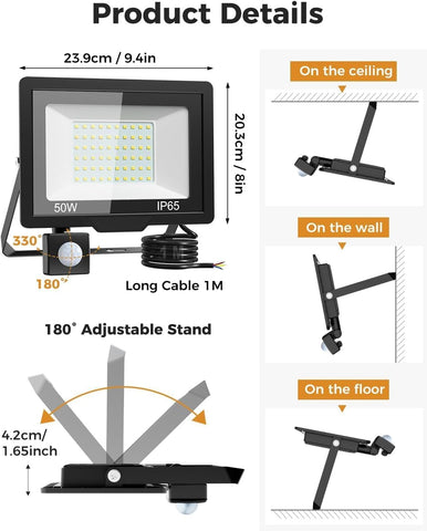 50W LED Outdoor Security Light with PIR Motion Sensor 5000LM IP65