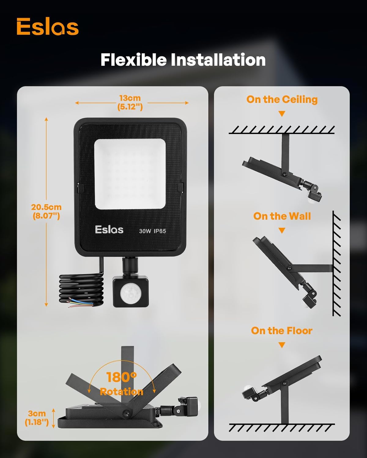 Eslas LED light fixture with installation instructions on a white background