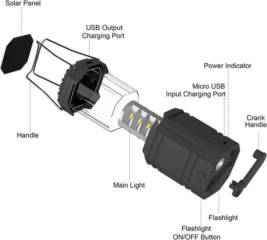 Rechargeable Camping Lights, LED Solar Camping Wind up Lantern, Hand Crank Emergency Light with 3000mAh Battery for Camping, Hiking, Fishing, SOS, Outdoor, Power Cuts