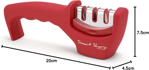 Smart Sharp 3-Stage Knife Sharpener – Professional Manual Kitchen Knife Sharpening Tool with Ceramic Stone, Tungsten Carbide, and Diamond Rods – Ergonomic Non-Slip Design, Red/Chrome Finish